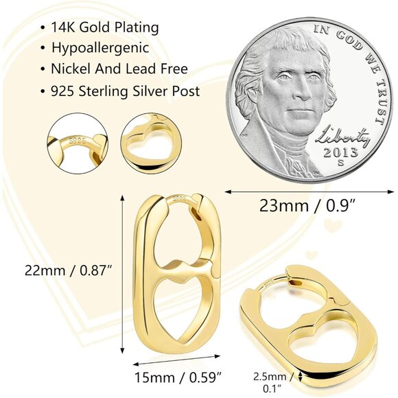 925 Sterling Silver Heart Rectangle Hoop Earring Women Geometric Hypoallergenic - Picture 4 of 6